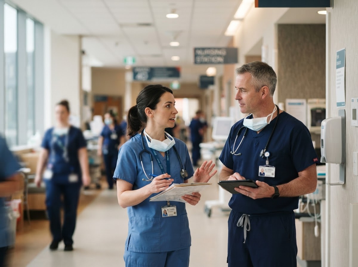 Healthcare clinicians collaborating in a clinical environment