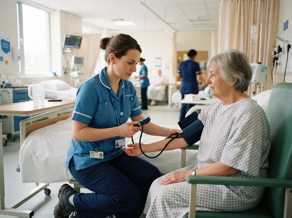 Nurse taking patient's blood pressure