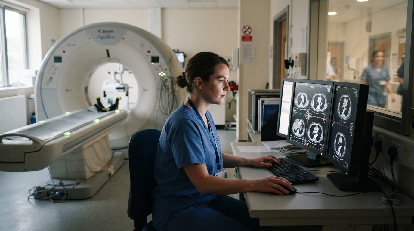 Radiographer operating imaging equipment