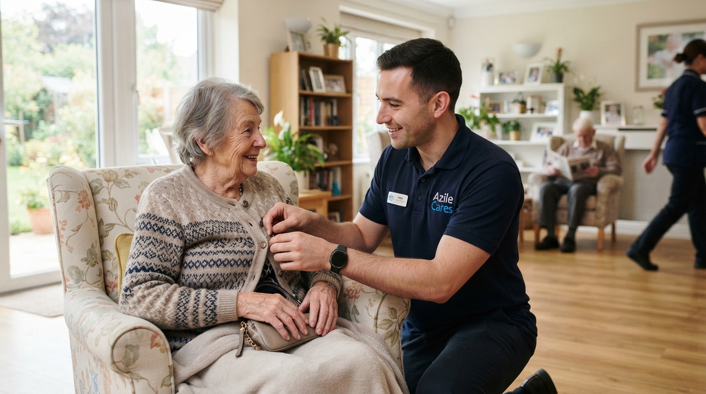 Male care worker assisting elderly resident