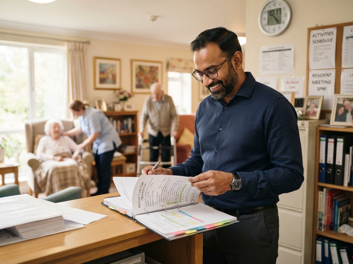Care home manager reviewing care plans