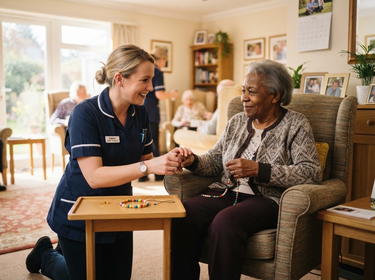 Support worker helping elderly person with walking frame